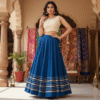 1758183950801 Chandrakala Ocean Blue Roman Silk Cotton Skirt with Gota Patti Lace