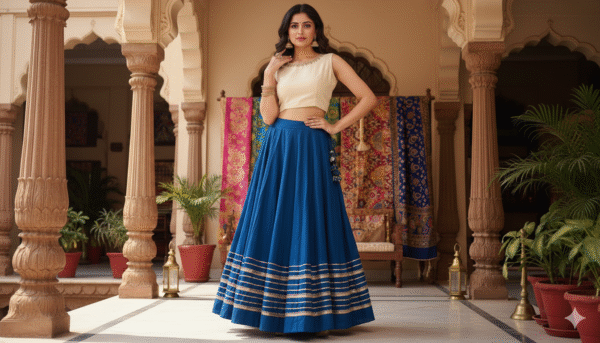 1758183950801 Chandrakala Ocean Blue Roman Silk Cotton Skirt with Gota Patti Lace