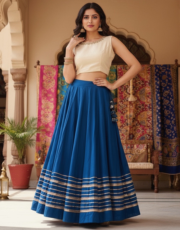 1758183950801 Chandrakala Ocean Blue Roman Silk Cotton Skirt with Gota Patti Lace