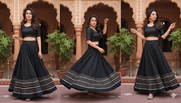 1758196700132 Chandrakala Blacks Roman Silk Cotton Skirt with Gota Patti Lace