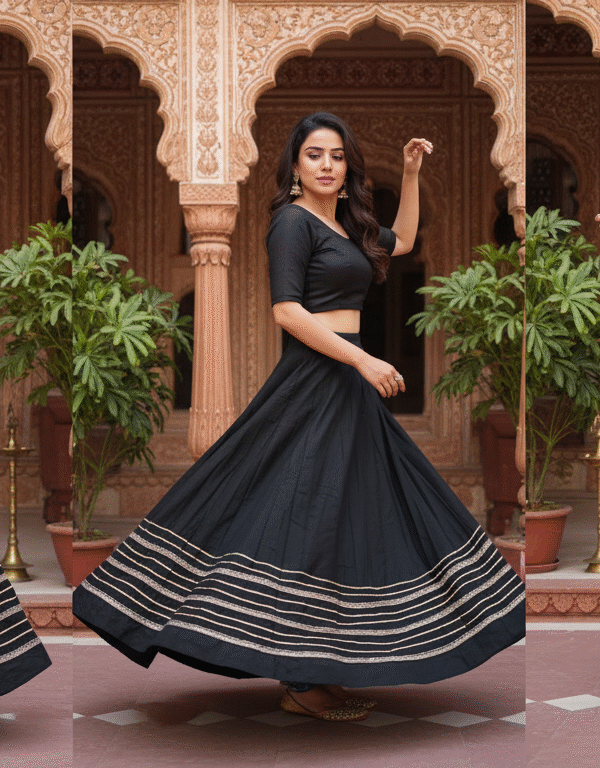 1758196700132 Chandrakala Blacks Roman Silk Cotton Skirt with Gota Patti Lace