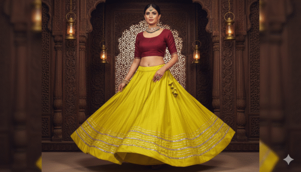 1758197019311 Chandrakala Green Yellow Roman Silk Cotton Skirt with Gota Patti Lace