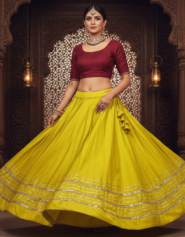 Chandrakala Green Yellow Roman Silk Cotton Skirt with Gota Patti Lace