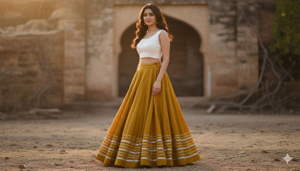 1758197334971 Chandrakala Dark Yellow Roman Silk Cotton Skirt with Gota Patti Lace