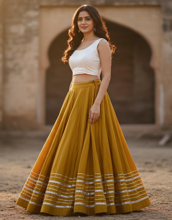 1758197334971 Chandrakala Dark Yellow Roman Silk Cotton Skirt with Gota Patti Lace