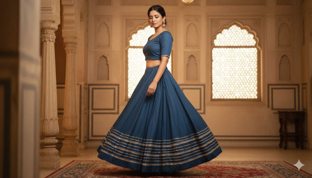 Chandrakala Dark Blue Roman Silk Cotton Skirt with Gota Patti Lace