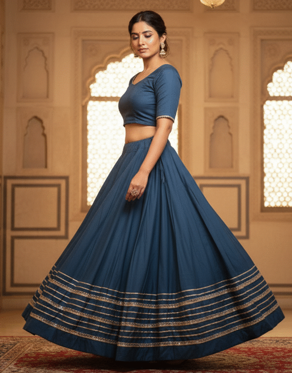 1758198021674 Chandrakala Dark Blue Roman Silk Cotton Skirt with Gota Patti Lace