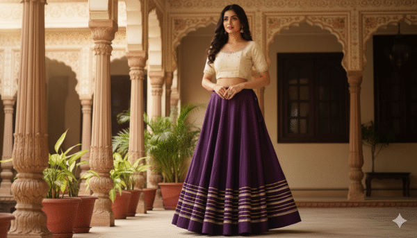 1758198229769 Chandrakala Purple Roman Silk Cotton Skirt with Gota Patti Lace