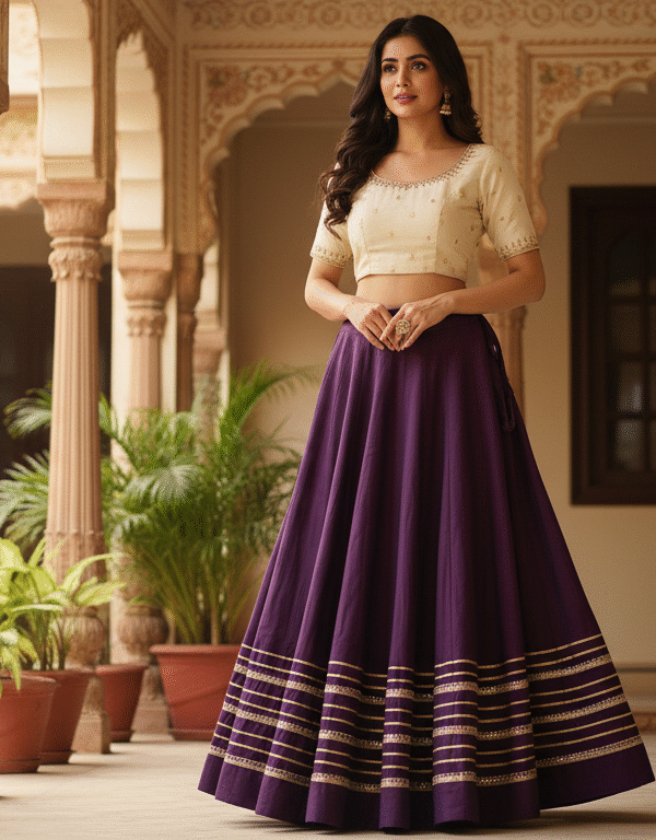 Chandrakala Purple Roman Silk Cotton Skirt with Gota Patti Lace