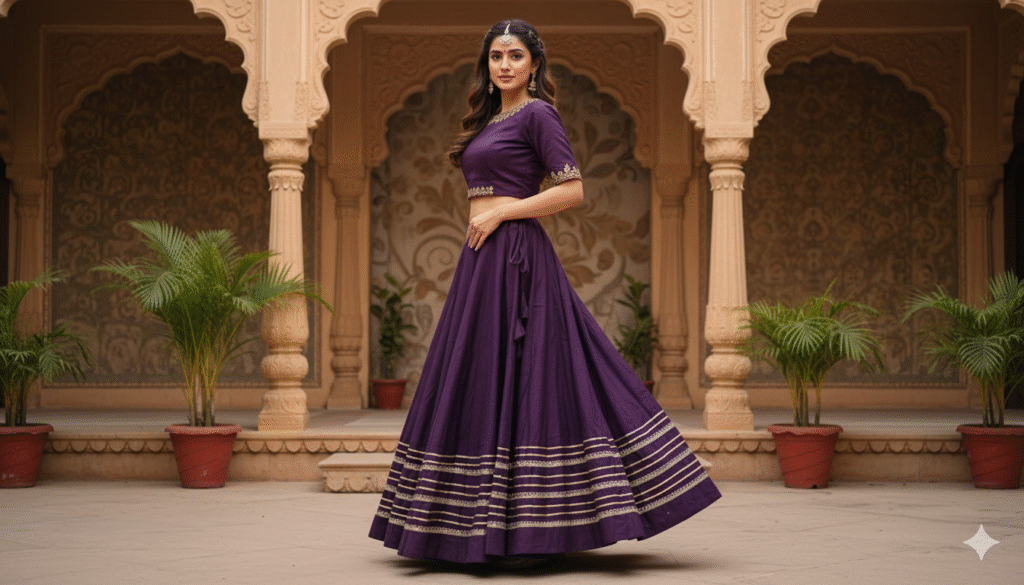 Chandrakala Violet Roman Silk Cotton Skirt with Gota Patti Lace