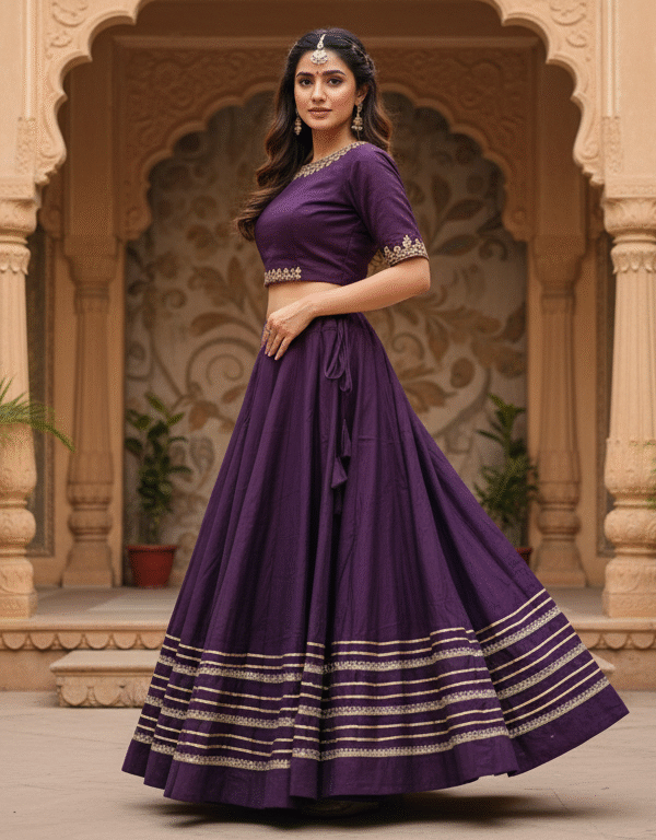 1758198322707 Chandrakala Violet Roman Silk Cotton Skirt with Gota Patti Lace