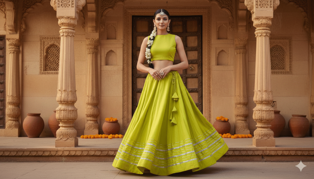 Chandrakala Green-Yellow Roman Silk Cotton Skirt with Gota Patti Lace