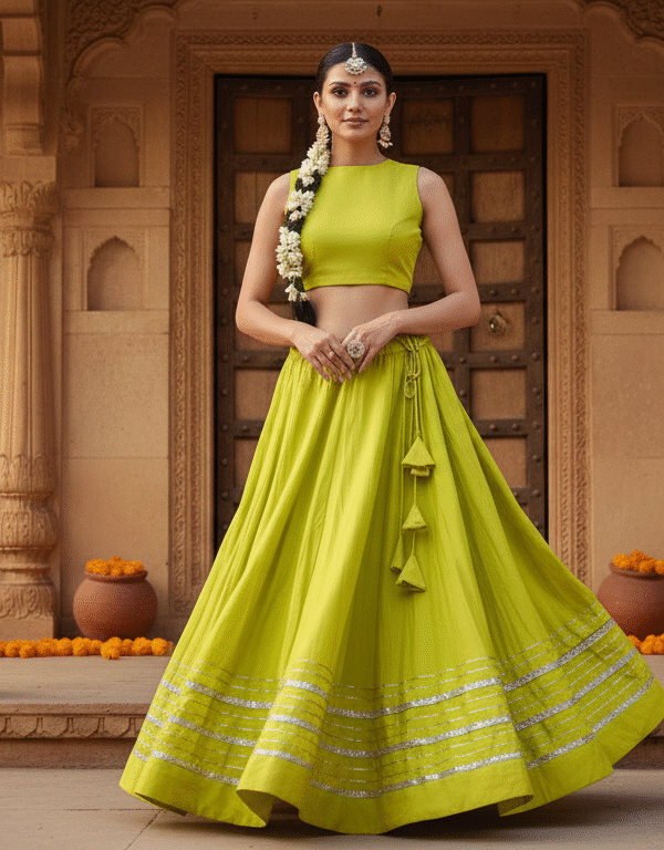 1758198504611 Chandrakala Green-Yellow Roman Silk Cotton Skirt with Gota Patti Lace