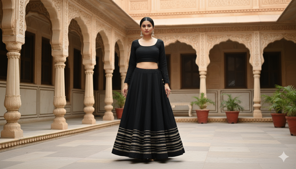 Chandrakala Black Roman Silk Cotton Skirt with Gota Patti Lace