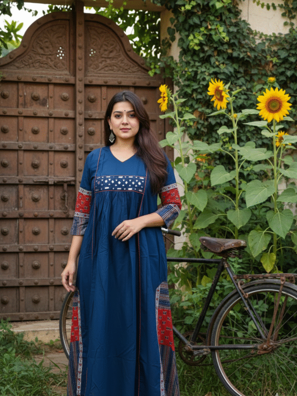 Kutch Dark Blue Real Mirrorwork Kurti with Ajrakh Detailing