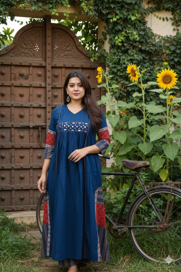 1758729219023 Kutch Dark Blue Real Mirrorwork Kurti with Ajrakh Detailing