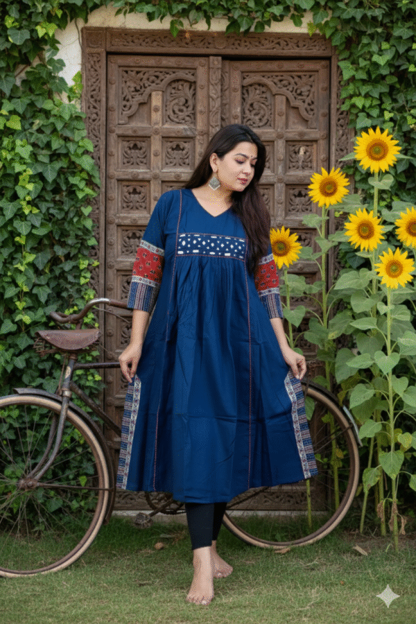 1758729473877 Kutch Dark Blue Real Mirrorwork Kurti with Ajrakh Detailing