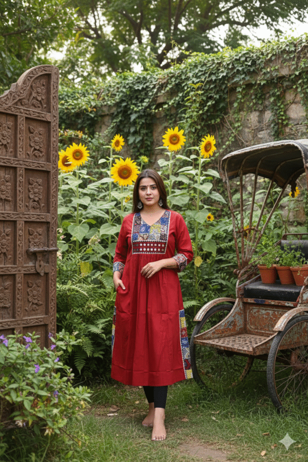 1758729780815 Kutch Red Real Mirrorwork Kurti with Ajrakh Detailing