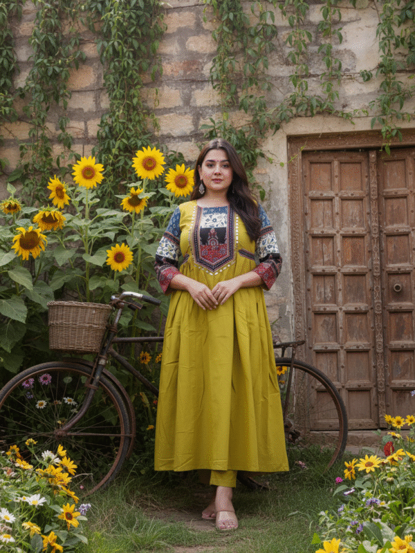 1758730008274 Kutch Yellow Real Mirrorwork Kurti with Ajrakh Detailing