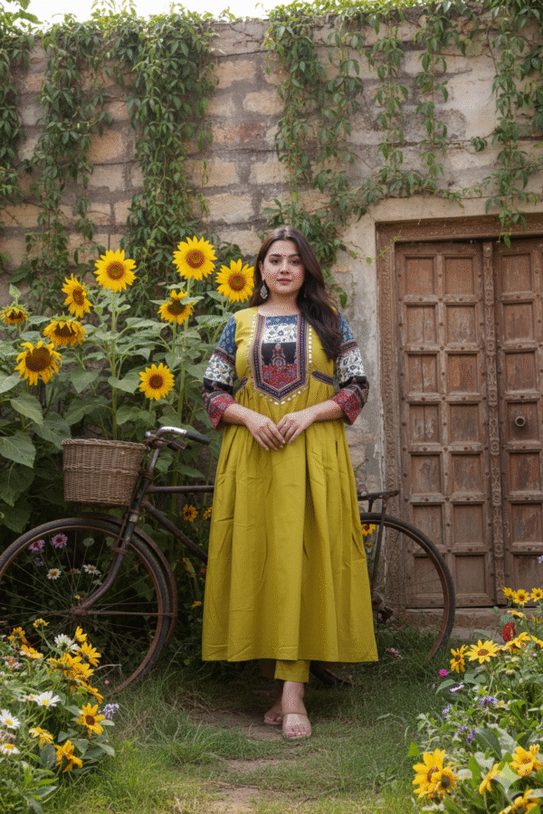 1758730008274 Kutch Yellow Real Mirrorwork Kurti with Ajrakh Detailing
