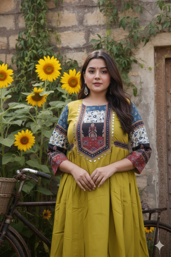 1758730014799 Kutch Yellow Real Mirrorwork Kurti with Ajrakh Detailing