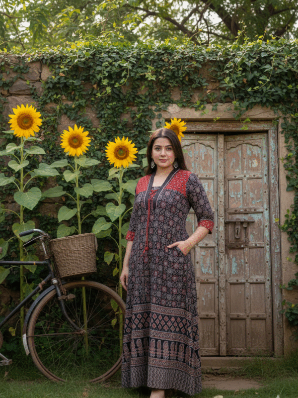 1758730208054 Kutch Red Black Real Mirrorwork Kurti with Ajrakh Detailing