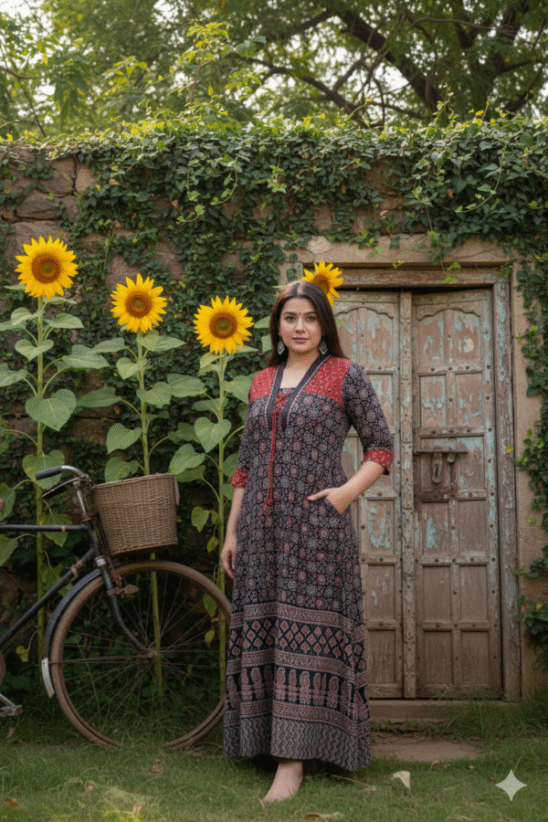 Kutch Red Black Real Mirrorwork Kurti with Ajrakh Detailing