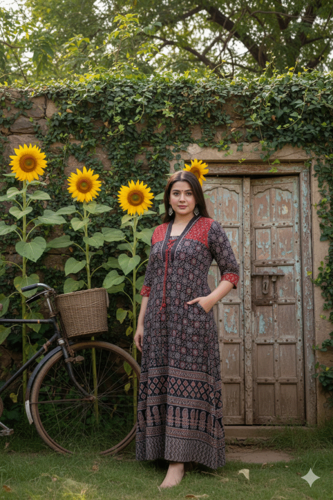 Kutch Red Black Real Mirrorwork Kurti with Ajrakh Detailing