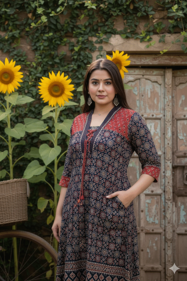 Kutch Red Black Real Mirrorwork Kurti with Ajrakh Detailing