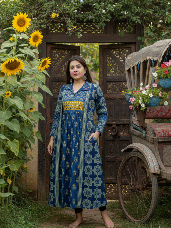 1758730489613 Kutch Blue Real Mirrorwork Kurti with Ajrakh Detailing