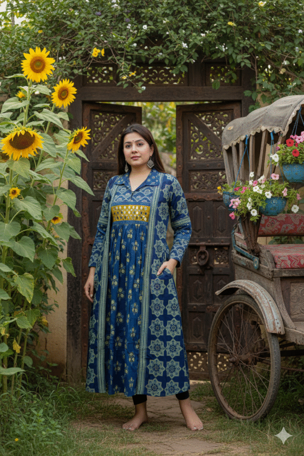 Kutch Blue Real Mirrorwork Kurti with Ajrakh Detailing