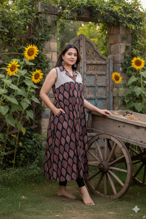 1758730679223 Kutch Brown-Black Real Mirrorwork Kurti with Ajrakh Detailing