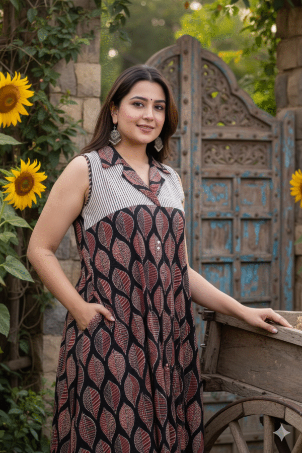 1758730685643 Kutch Brown-Black Real Mirrorwork Kurti with Ajrakh Detailing