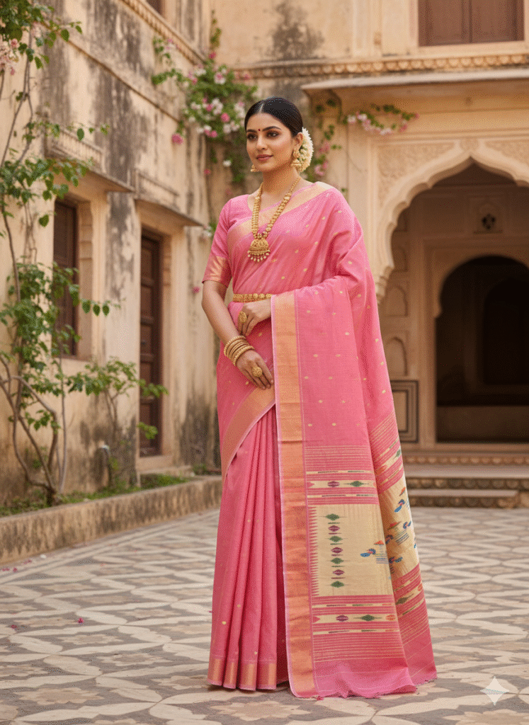 Paithani Pure Pink Cotton Handwoven Saree