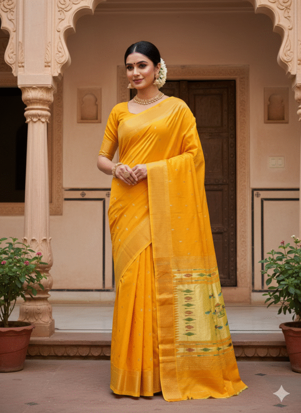 Paithani Pure Dark Yellow Cotton Handwoven Saree