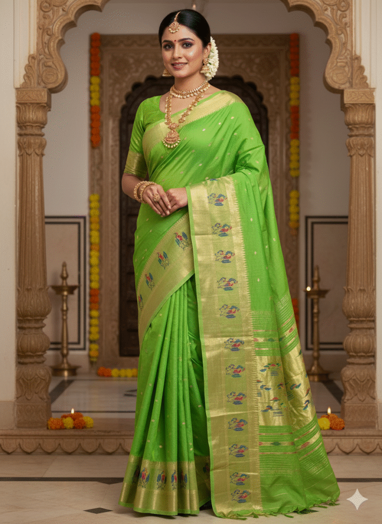 Paithani Pure Grassy Green Cotton Handwoven Saree