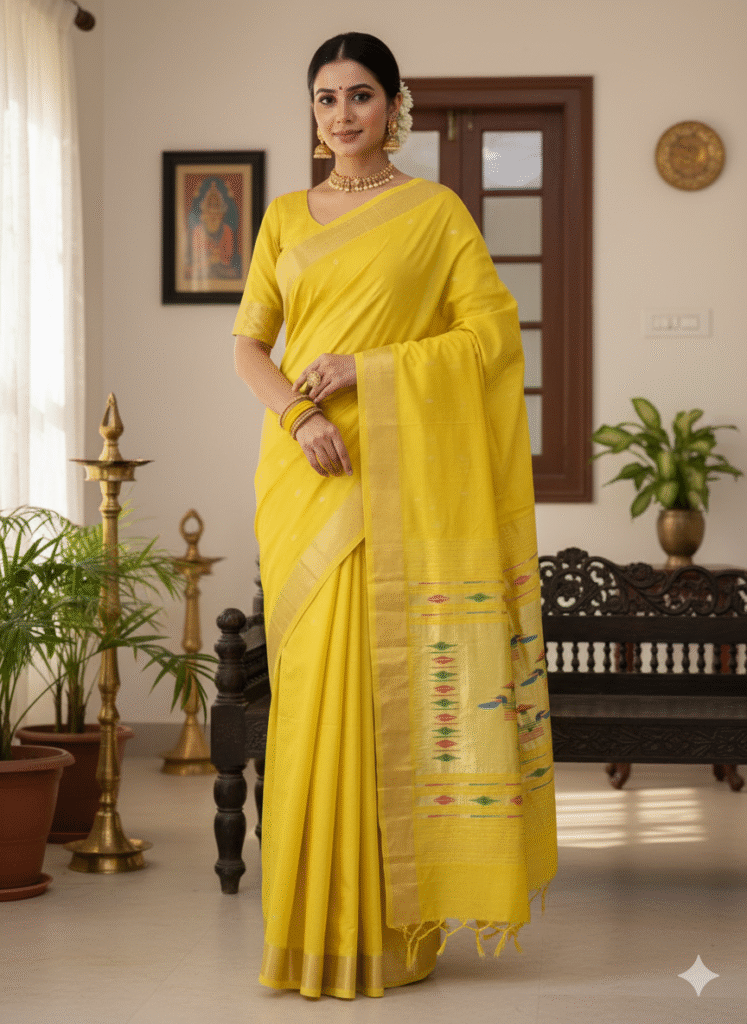 Paithani Light Yellow Silk Cotton Handwoven Saree