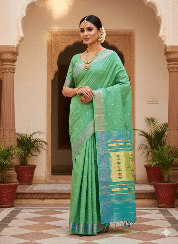 Paithani Ocean Green Silk Cotton Handwoven Saree