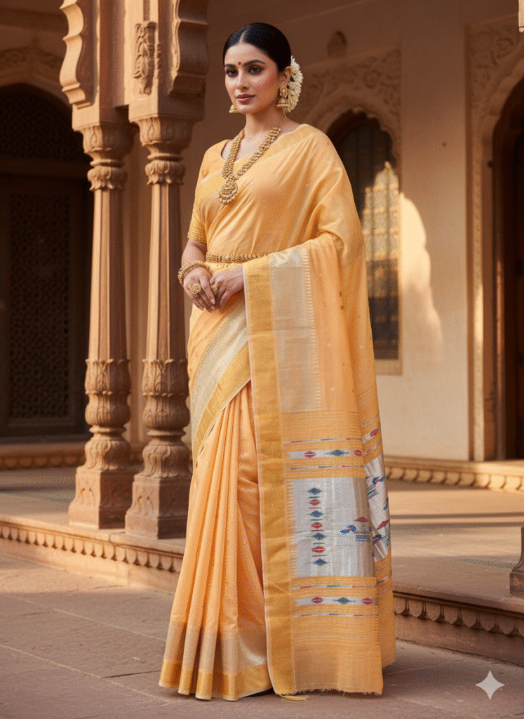 Paithani Light Orange Silk Cotton Handwoven Saree