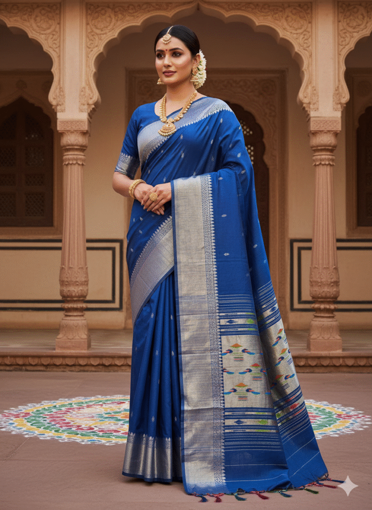 Paithani Dark Blue Silk Cotton Handwoven Saree