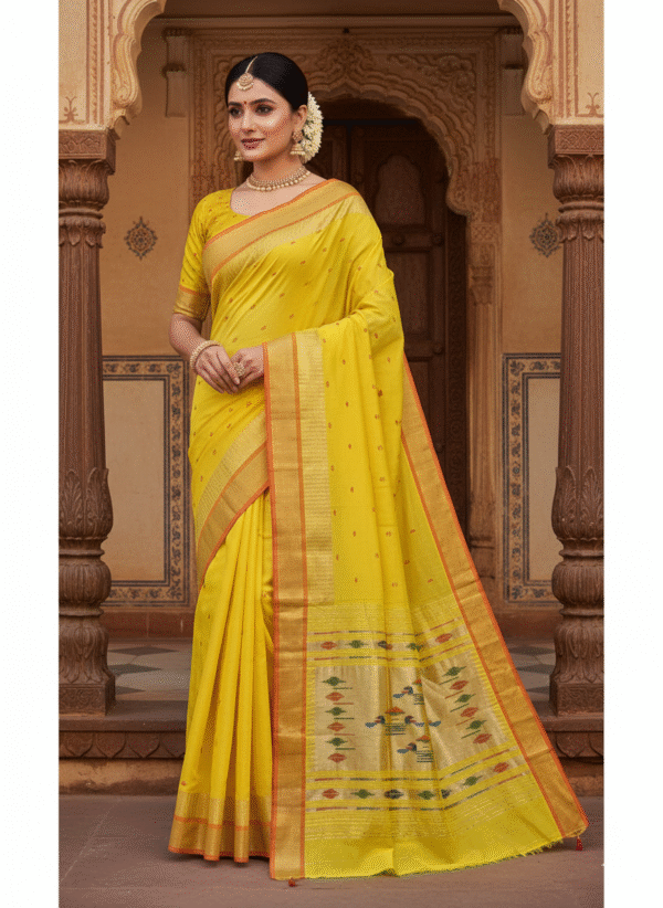 Paithani Greeny Yellow Silk Cotton Handwoven Saree