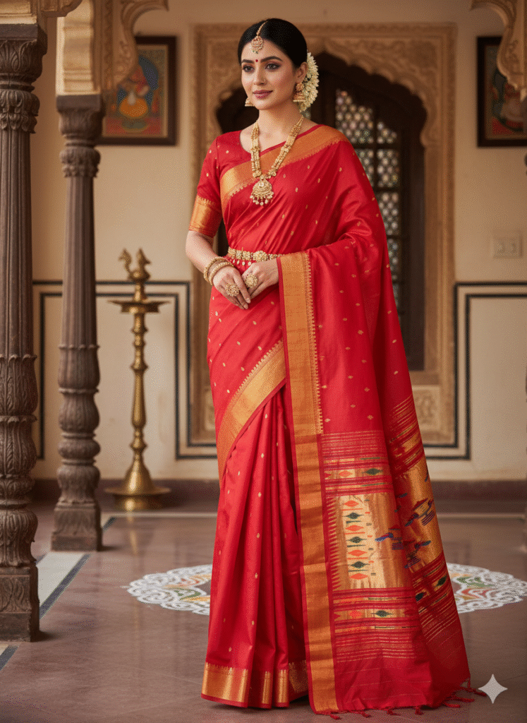 Paithani Red Silk Cotton Handwoven Saree