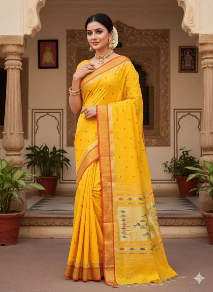 Paithani Yellow Silk Cotton Handwoven Saree