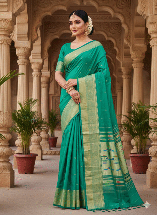 1759240032287 Paithani Dark Green Silk Cotton Handwoven Saree