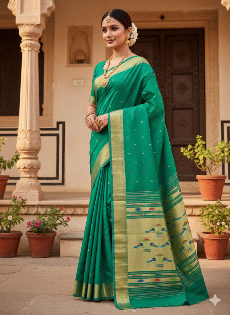 Paithani Dark Green Silk Cotton Handwoven Saree