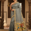 Cotton Grey Paithani Saree with Woven Peacock Motifs