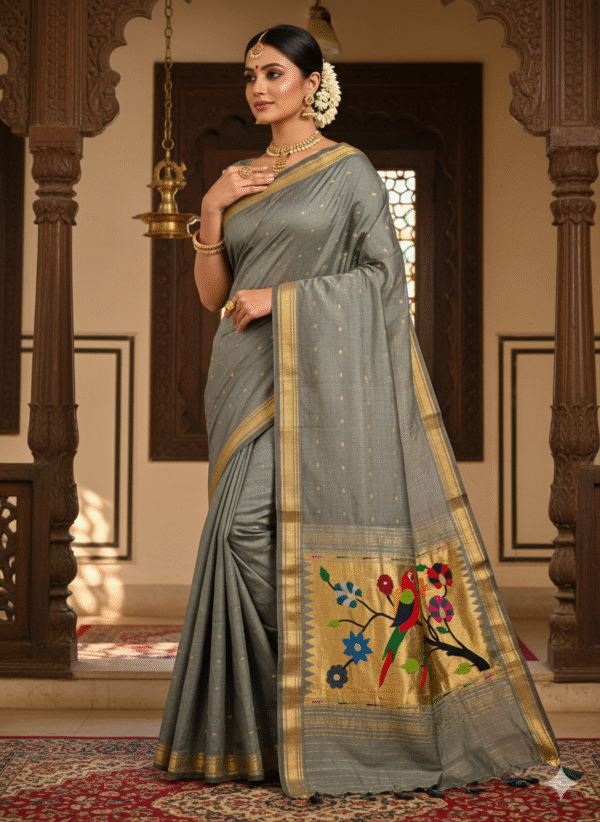 Cotton Grey Paithani Saree with Woven Peacock Motifs