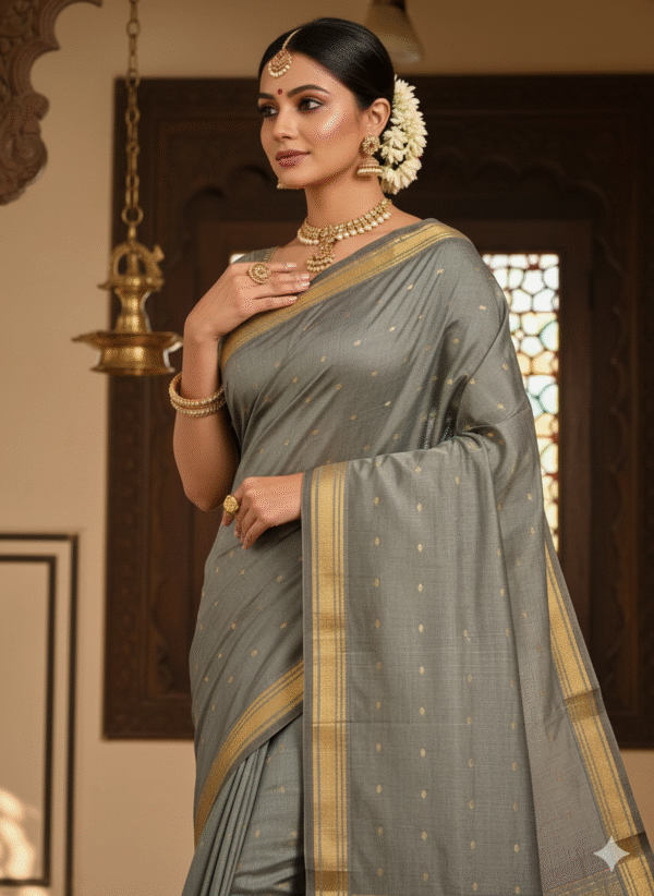 Cotton Grey Paithani Saree with Woven Peacock Motifs
