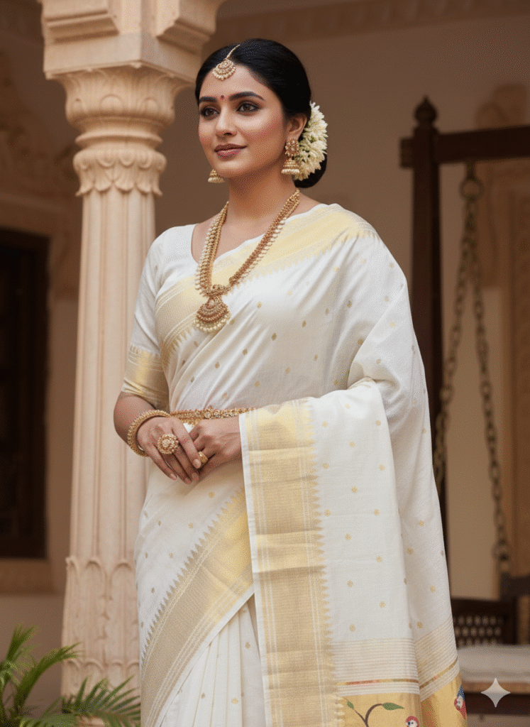 Cotton White-Biege Paithani Saree with Woven Peacock Motifs