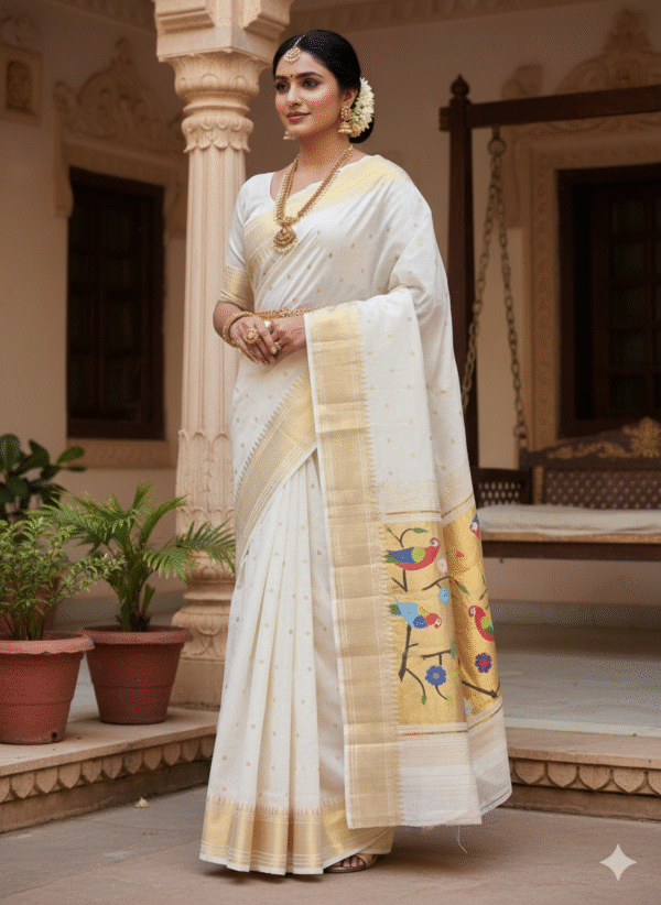 Cotton White-Biege Paithani Saree with Woven Peacock Motifs